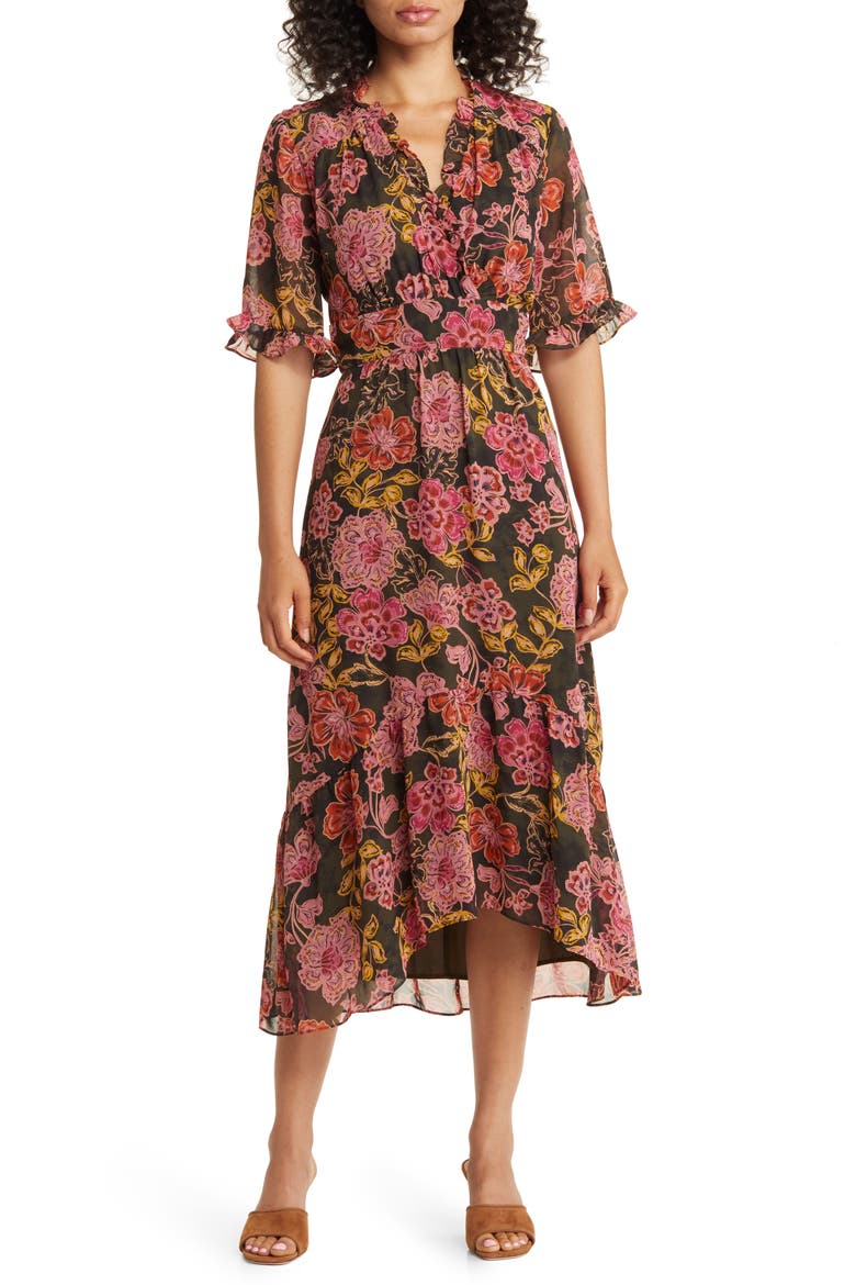Floral Ruffle Faux Wrap Midi Dress, Main, color, OLIVE/ PINK CORAL
