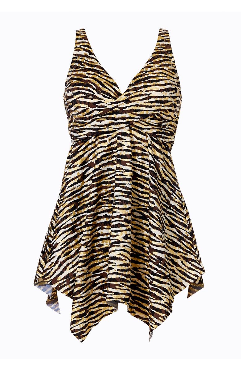 Swim 365 Handkerchief-Hem Twist-Front Tummy Control Two-Piece Swim Dress, Alternate, color, Gold Zebra Foil