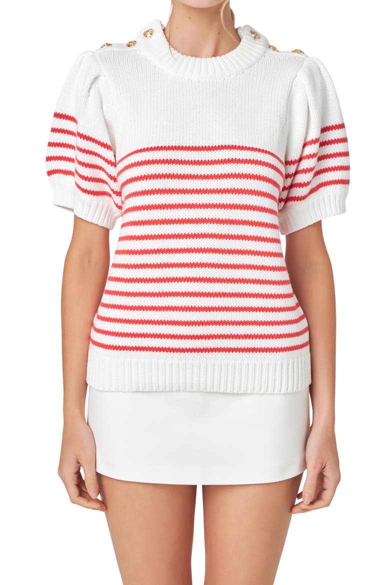 Stripe Short Sleeve Cotton Sweater, Alternate, color, OFF WHITE/ RED