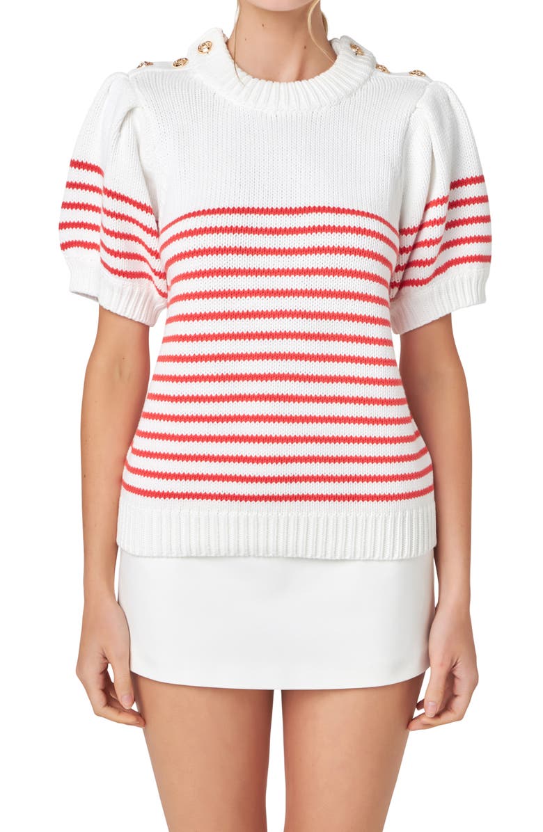 English Factory Stripe Short Sleeve Cotton Sweater, Alternate, color, Off White/ Red