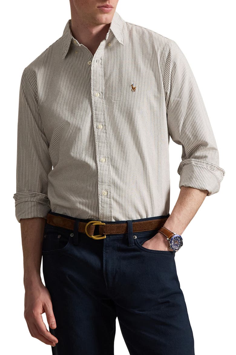 Classic Fit Striped Oxford Shirt, Main, color, NUTMEG BROWN WHITE