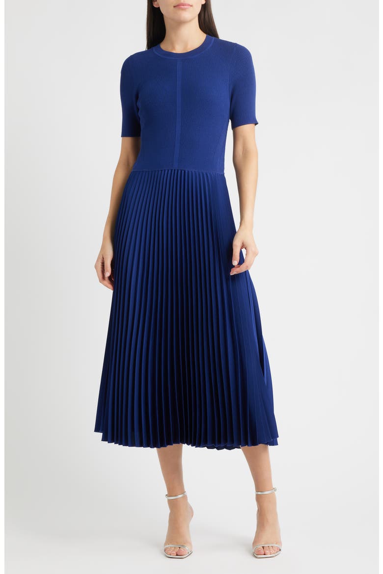 Fadridi Rib & Pleated Midi A-Line Dress, Main, color, SODALITE