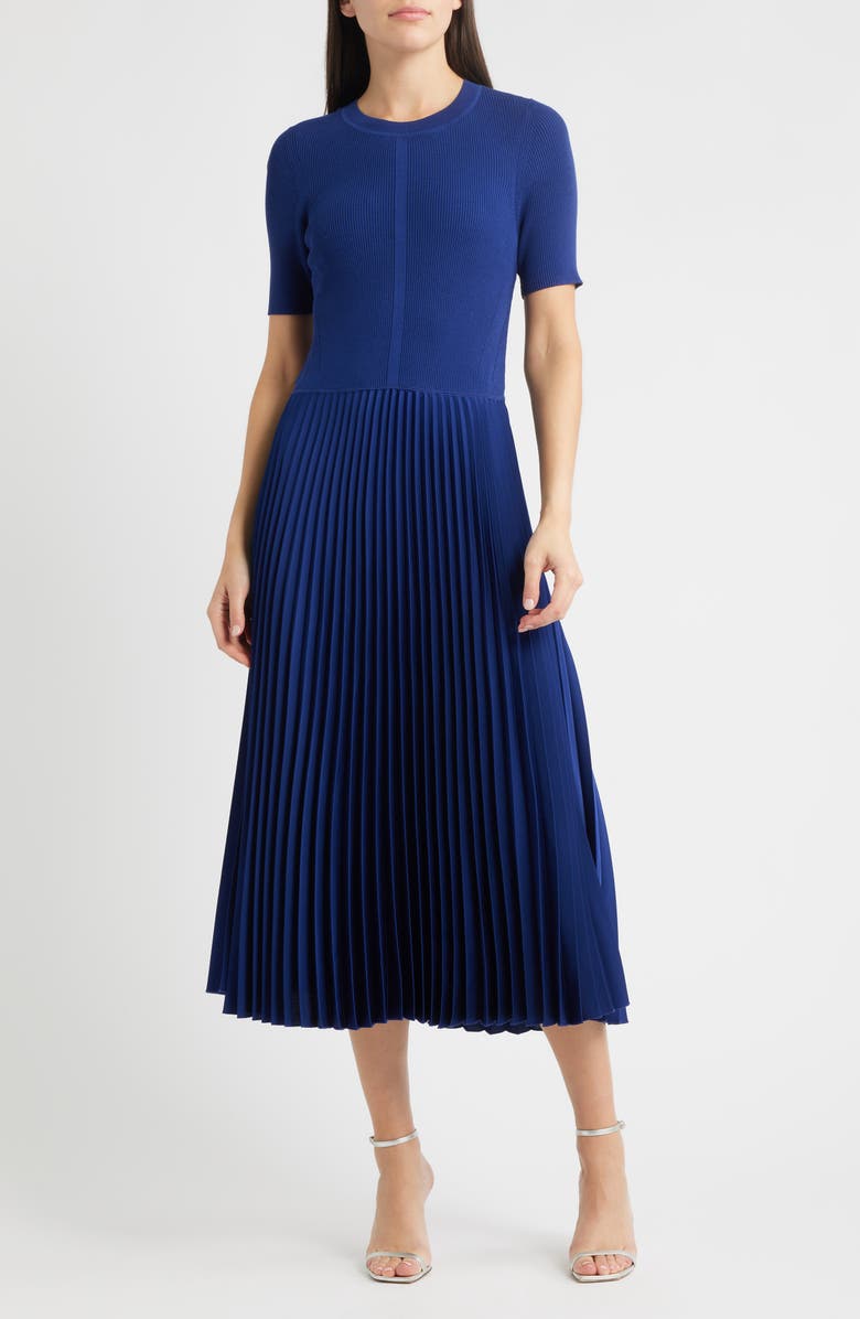 BOSS Fadridi Rib & Pleated Midi A-Line Dress, Main, color, Sodalite