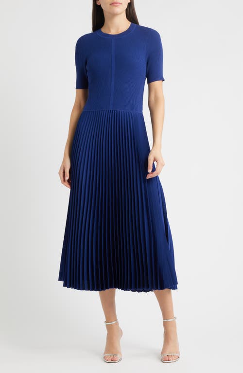 Hugo Boss Boss Fadridi Rib & Pleated Midi A-line Dress In Blue