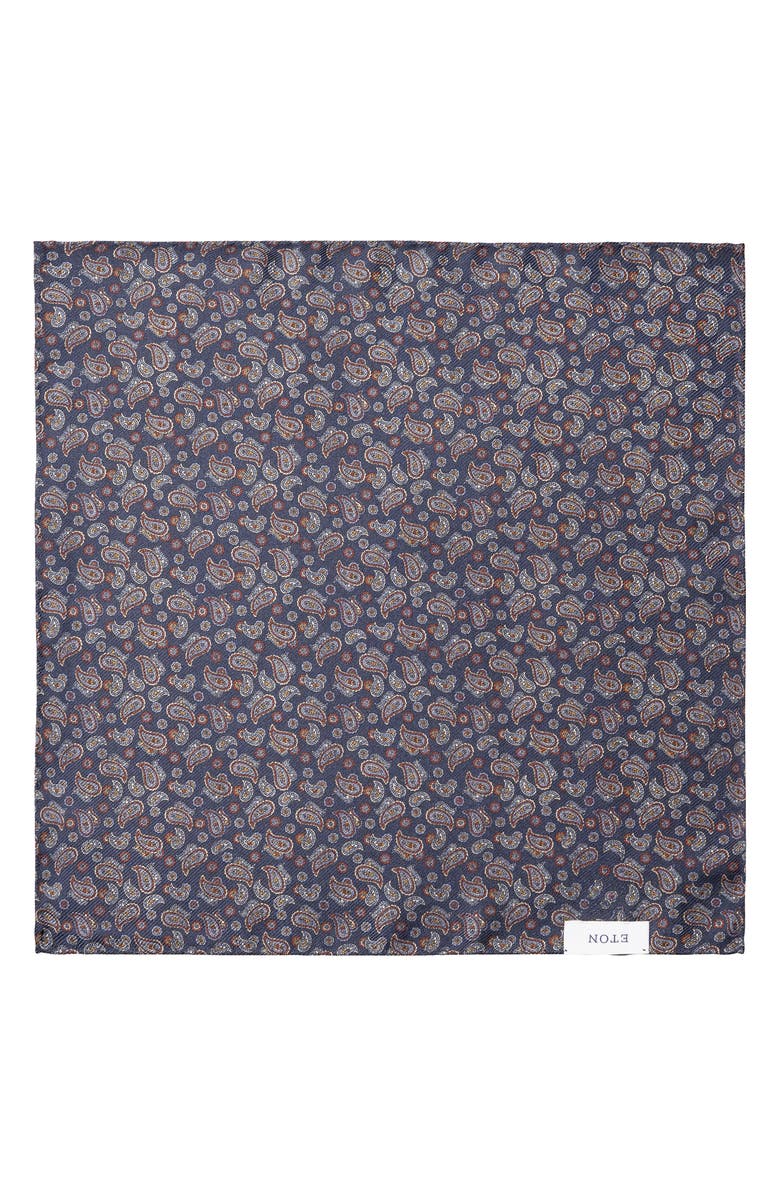 Eton Geometric & Paisley Reversible Silk Pocket Square, Alternate, color, Navy