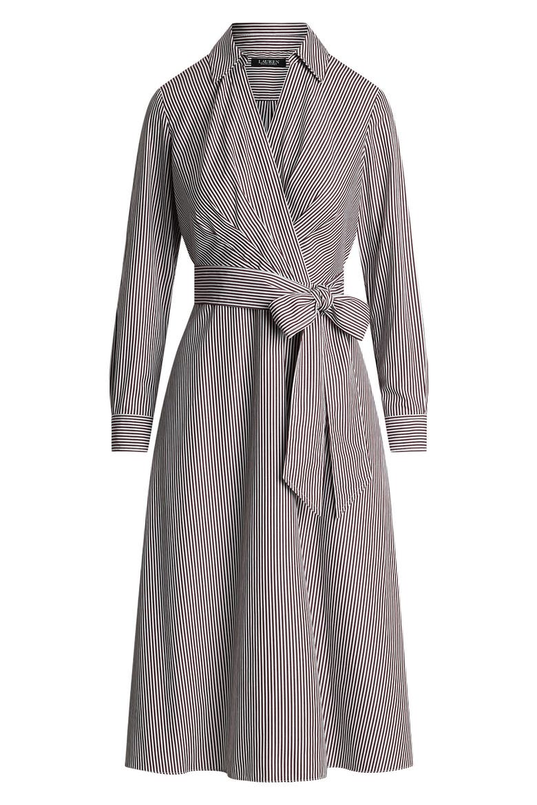 Stripe Long Sleeve Wrap Front Cotton Midi Shirtdress, Alternate, color, PINOT NOIR/ WHITE