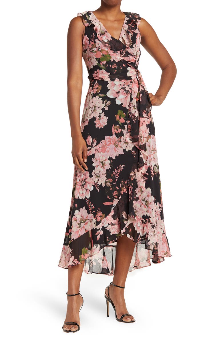 London Times Femme Floral Yoryu Ruffle Hem Dress, Main, color, Black