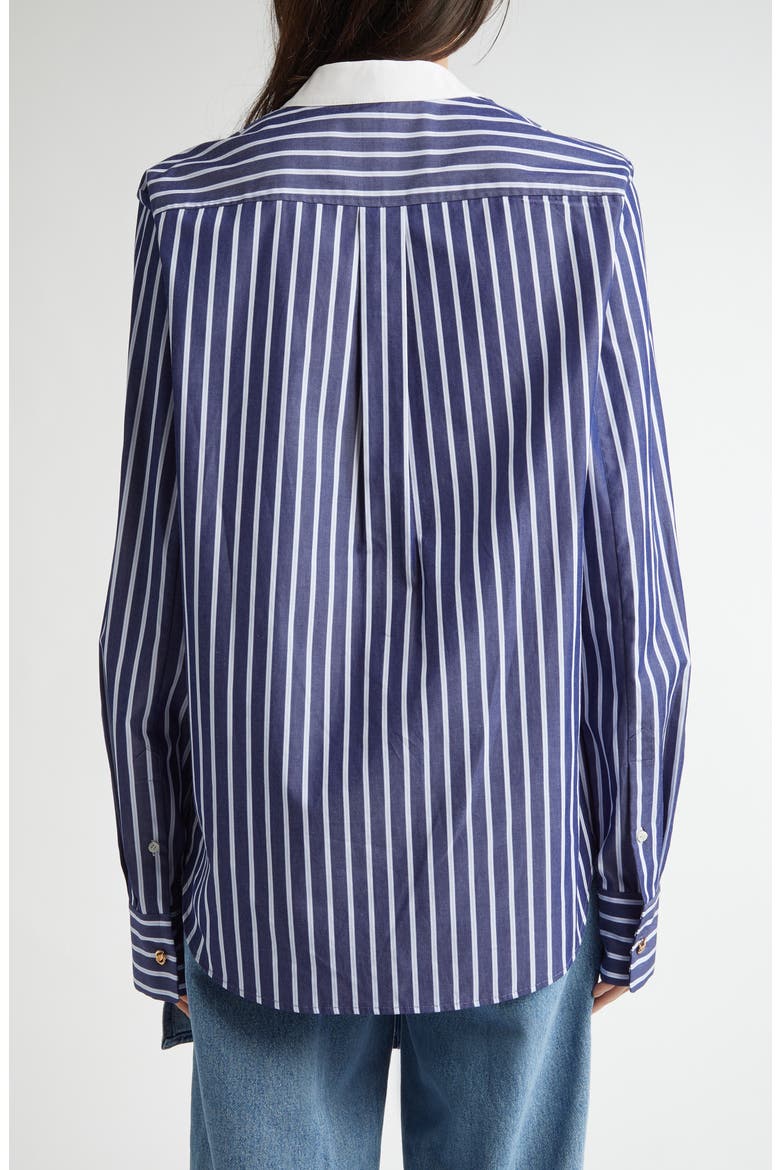 Non-Collar Stripe Cotton Button-Up Shirt, Alternate, color, NAVY