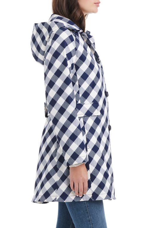 Kate Spade New York Water Resistant Gingham Print Hooded Rain Coat In Navy/white Gingham