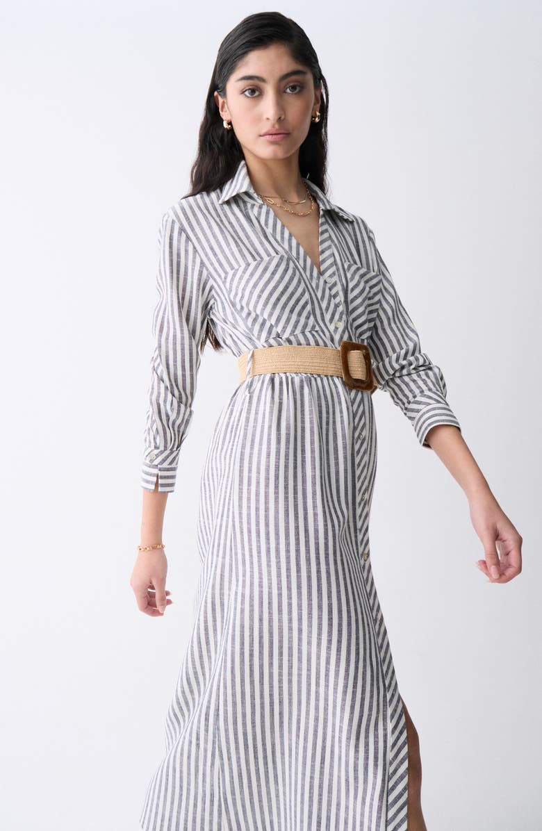 DELUC Marialva Stripe Long Sleeve Linen Blend Maxi Shirtdress, Alternate, color, Striped Blue