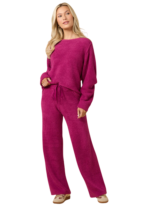 Solid Marshmallow Reverse Seam Crew Neck Lounge Set with Bracelet Sleeve