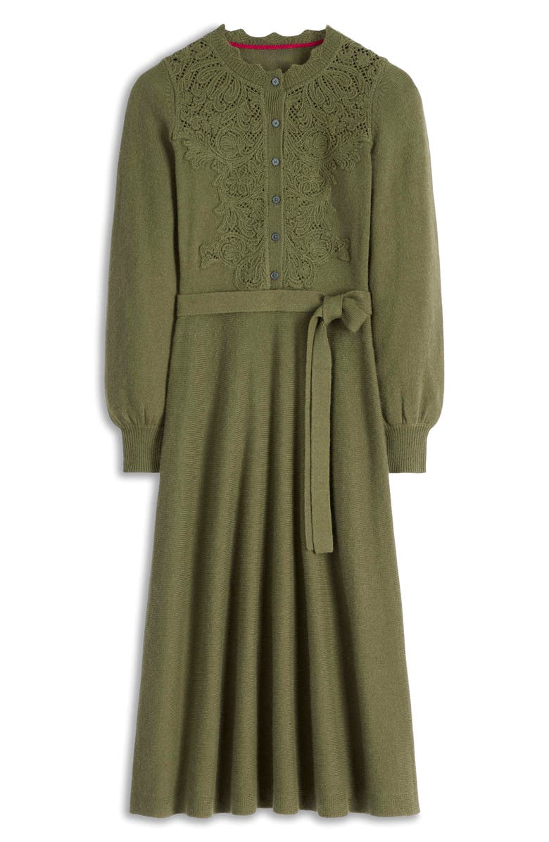 Boden Lace Appliqué Long Sleeve Tie Belt Midi Sweater Dress, Alternate, color,