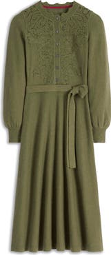 Boden Lace Appliqué Long Sleeve Tie Belt Midi Sweater Dress