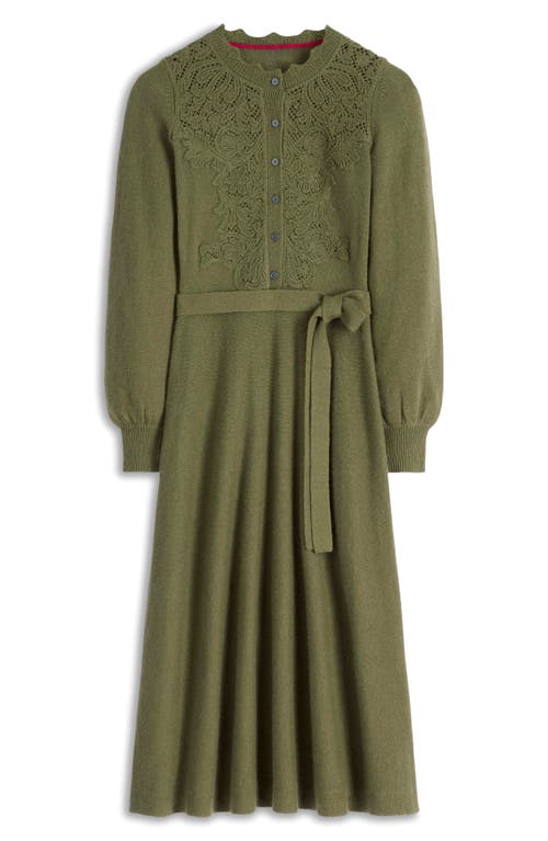 Boden Lace Appliqué Long Sleeve Tie Belt Midi Sweater Dress In Green