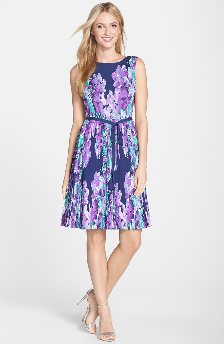 Adrianna Papell Floral Print Pleat Fit & Flare Dress, Alternate, color,