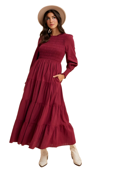 Smocked Bodice Tiered Maxi Dress with Long Sleeves