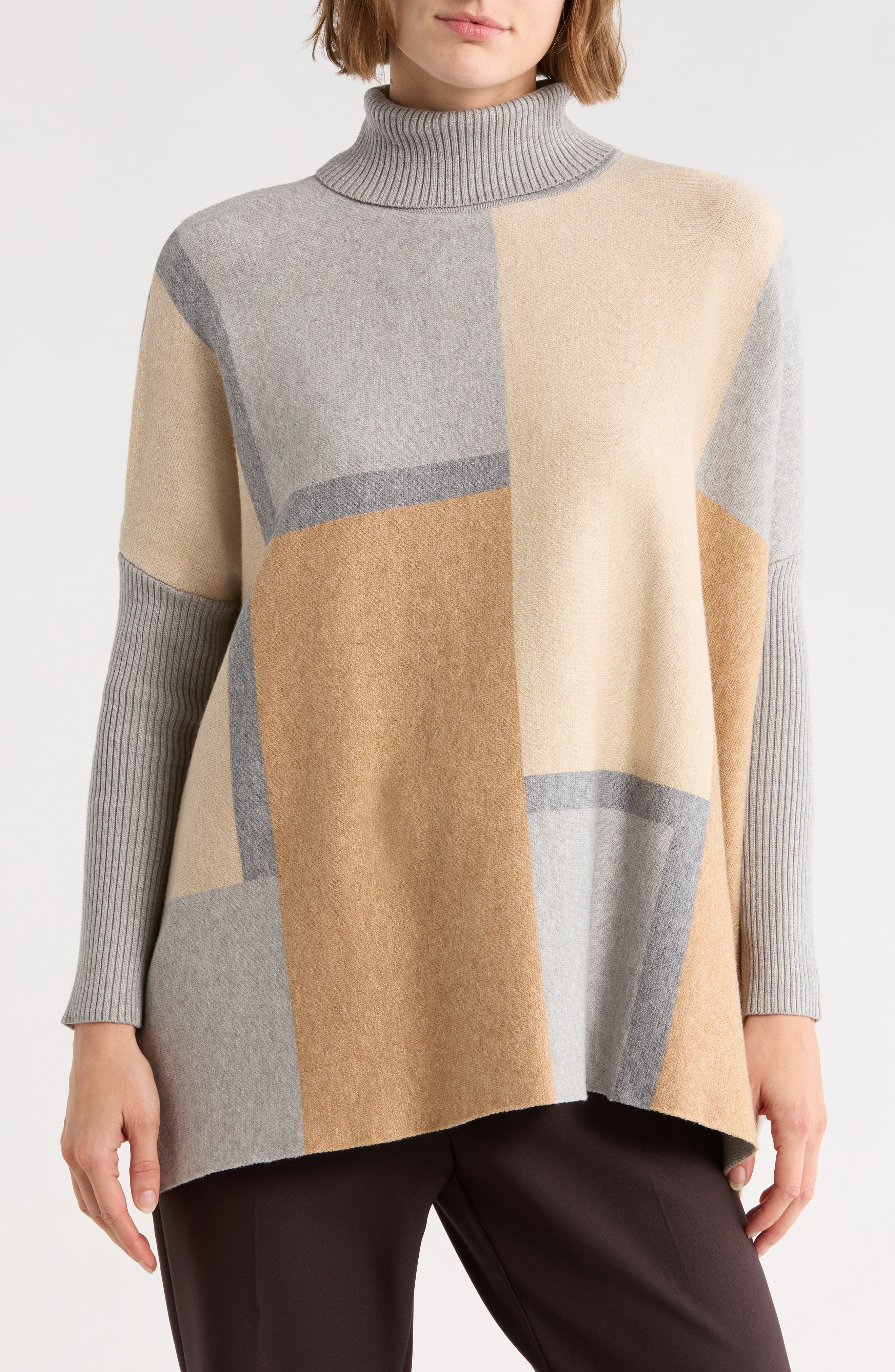 Joseph A Colorblock Turtleneck Poncho Sweater