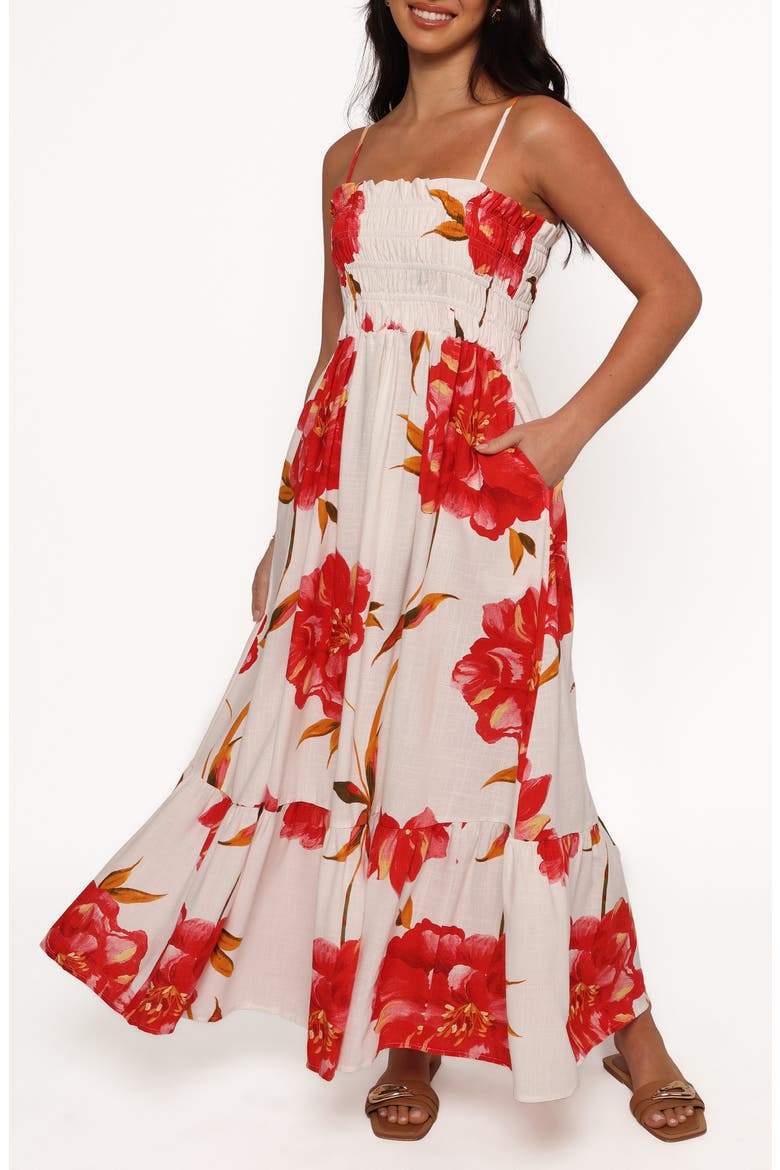 Bridger Floral Print Smocked Tiered Maxi Dress, Main, color, SCARLET ROSE