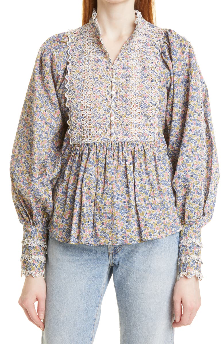 byTiMo Floral Print Ruffle Embroidered Cotton Blouse, Main, color,