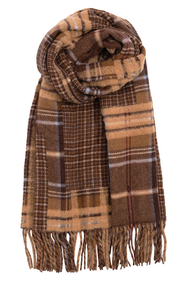 Patchwork Plaid Recycled Wool Blend Fringe Scarf, Main, color, BROWN MULTI