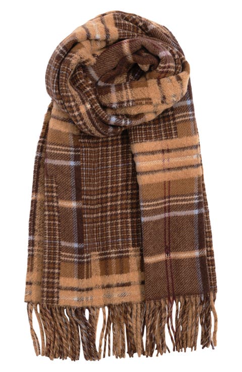 Patchwork Plaid Recycled Wool Blend Fringe Scarf