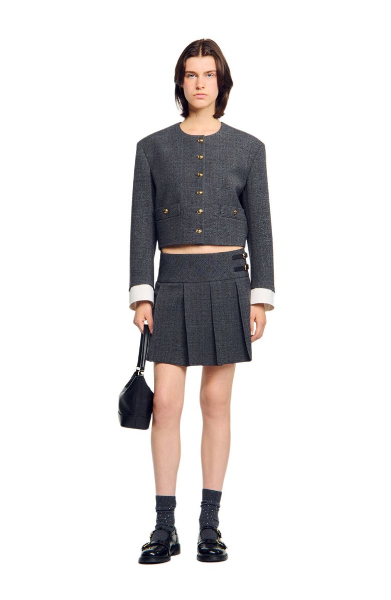 SANDRO Short rhinestone suit skirt, Alternate, color, Grey / Brown