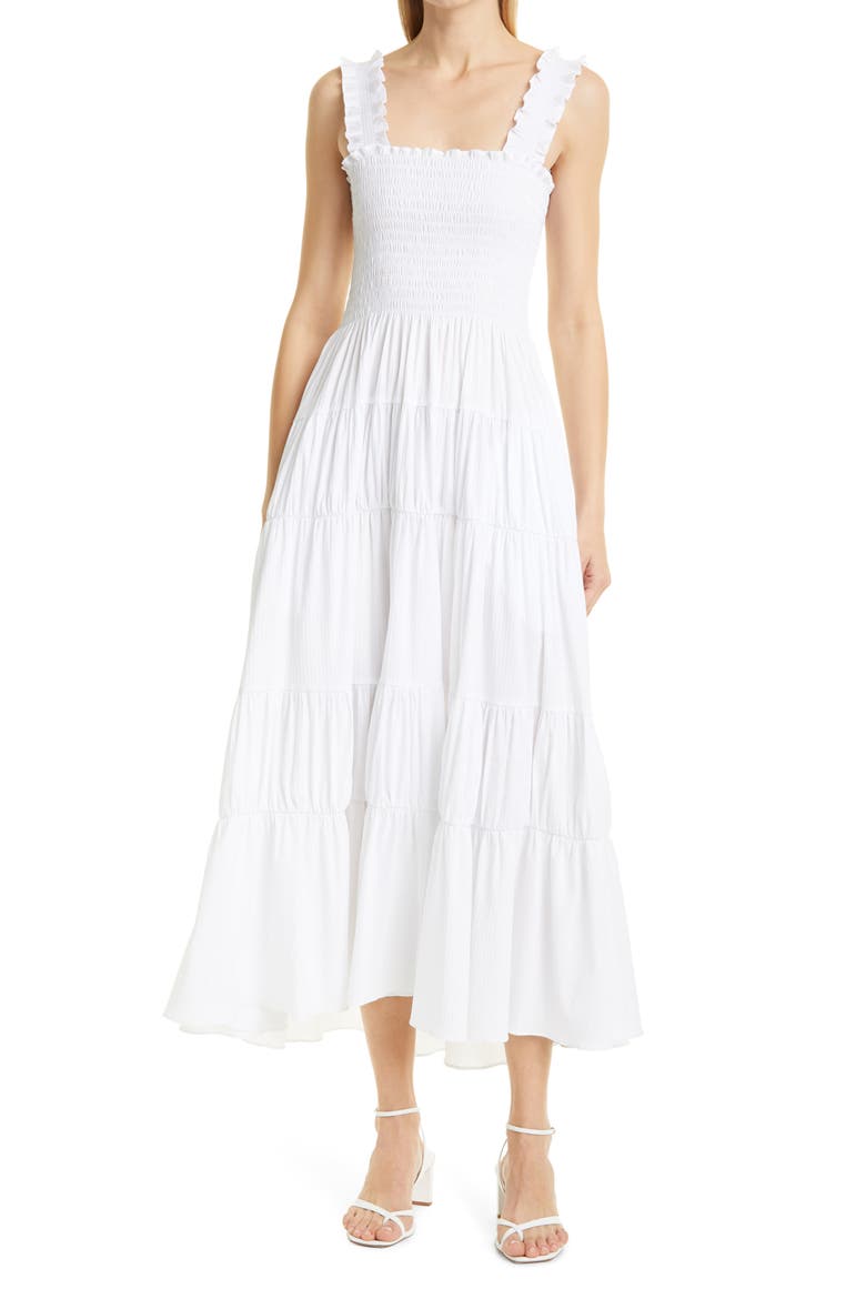 Smocked Cotton Blend Midi Dress, Main, color, WHITE