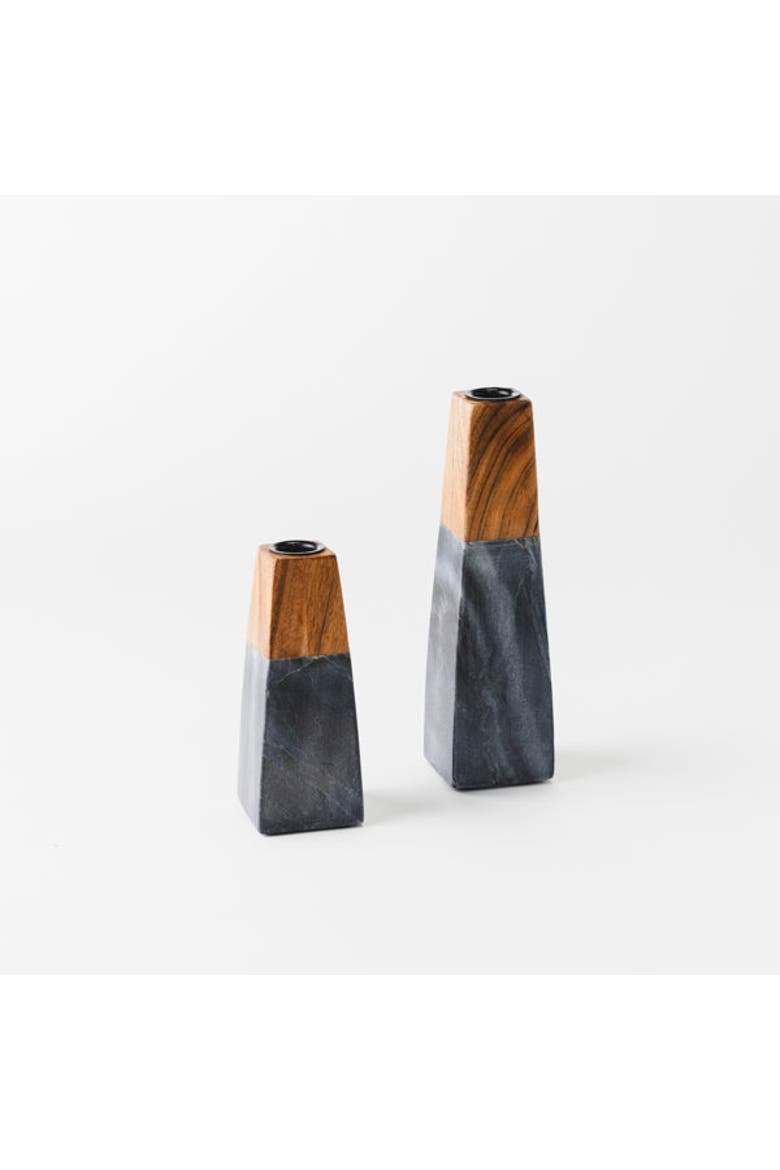 Tapered Black Marble & Acacia Sculptural Candleholders, Main, color, Black - Large