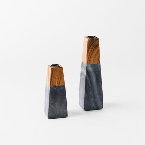 Tapered Black Marble & Acacia Sculptural Candleholders