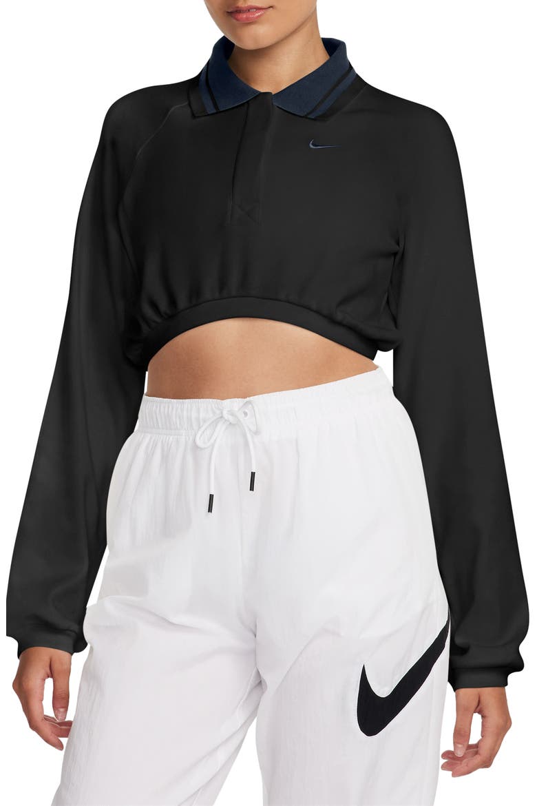 Sportswear Collection Long Sleeve Crop Polo, Main, color, BLACK/ OBSIDIAN/ OBSIDIAN