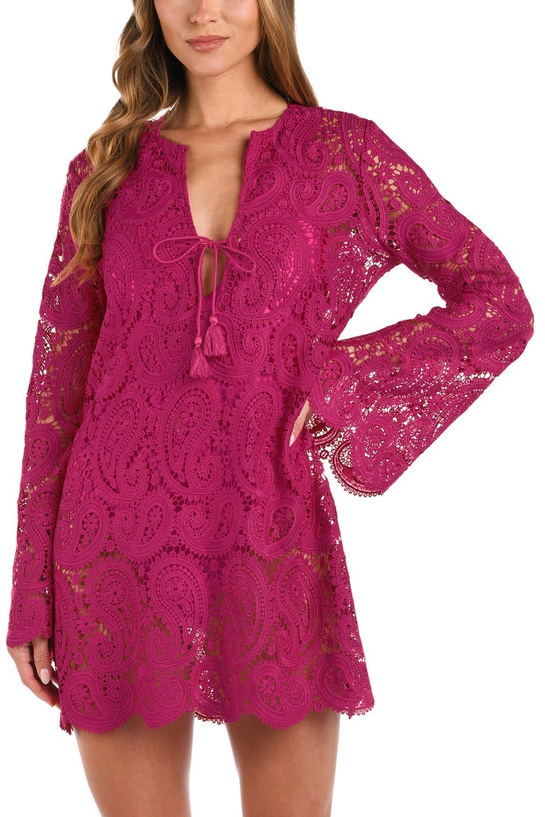 Ansley Paisley Long Sleeve Cover-Up Dress, Main, color, FUCHSIA