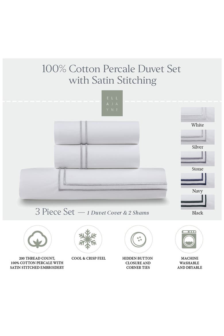 Cotton Percale 3-Piece Duvet Set with Satin Stitching, Alternate, color, SILVER