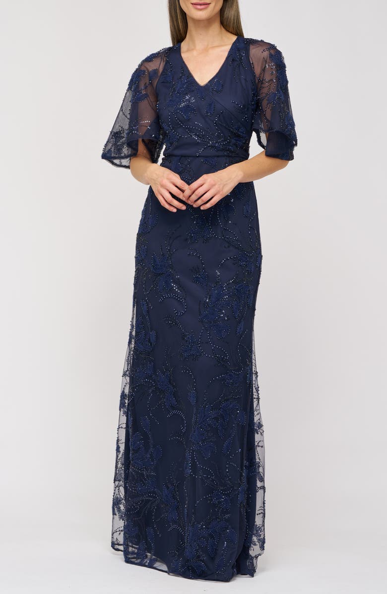 JS Collections Alex Embellished Flutter Sleeve Gown, Main, color, Navy