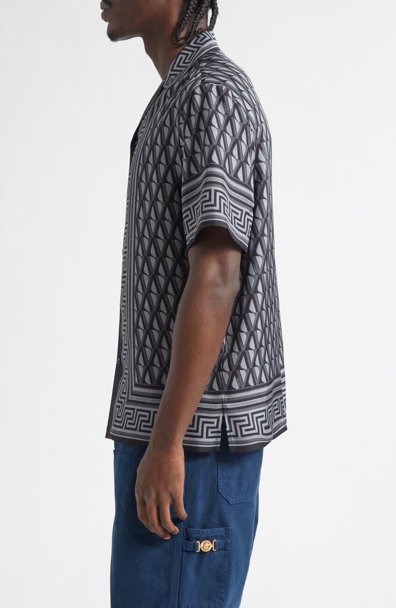 Versace Informal Silk Twill Camp Shirt, Alternate, color, Dark Anthracite Tonal