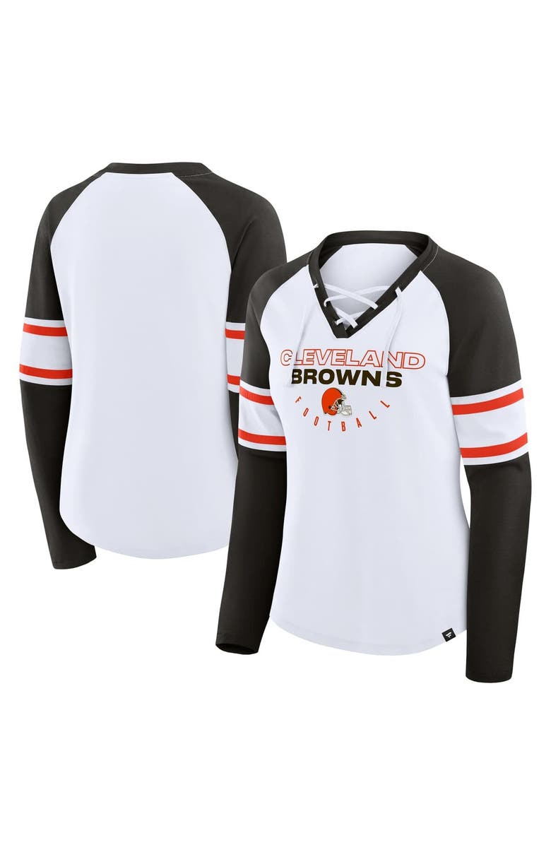 FANATICS Women's Fanatics White/Brown Cleveland Browns Redzone Blitz Package Raglan Lace-Up V-Neck Long Sleeve T-Shirt, Main, color, White