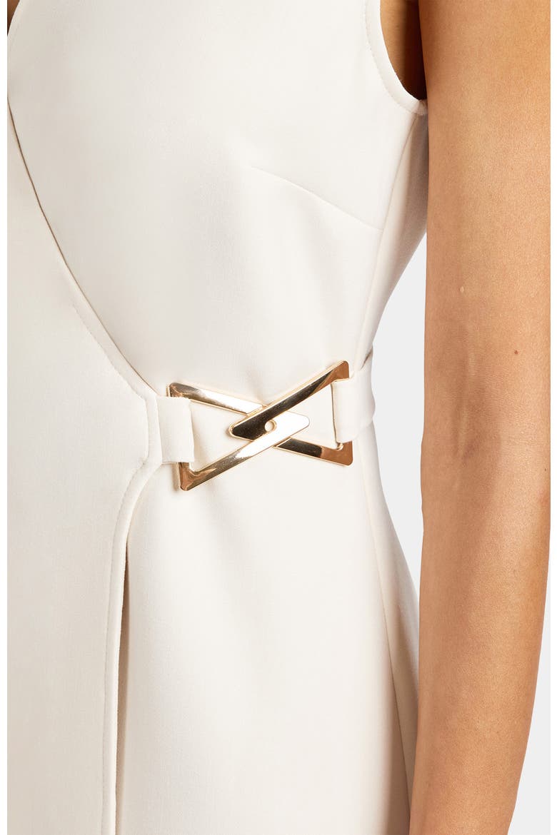 Ursa Sleeveless Faux Wrap Dress with Metal Buckle in Stretch Crepe, Alternate, color, SANDSTONE