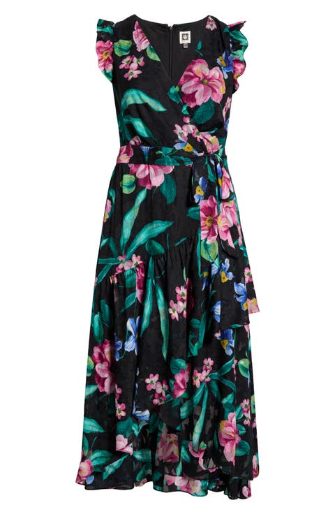 Print Ruffle High-Low Faux Wrap Maxi Dress (Plus)