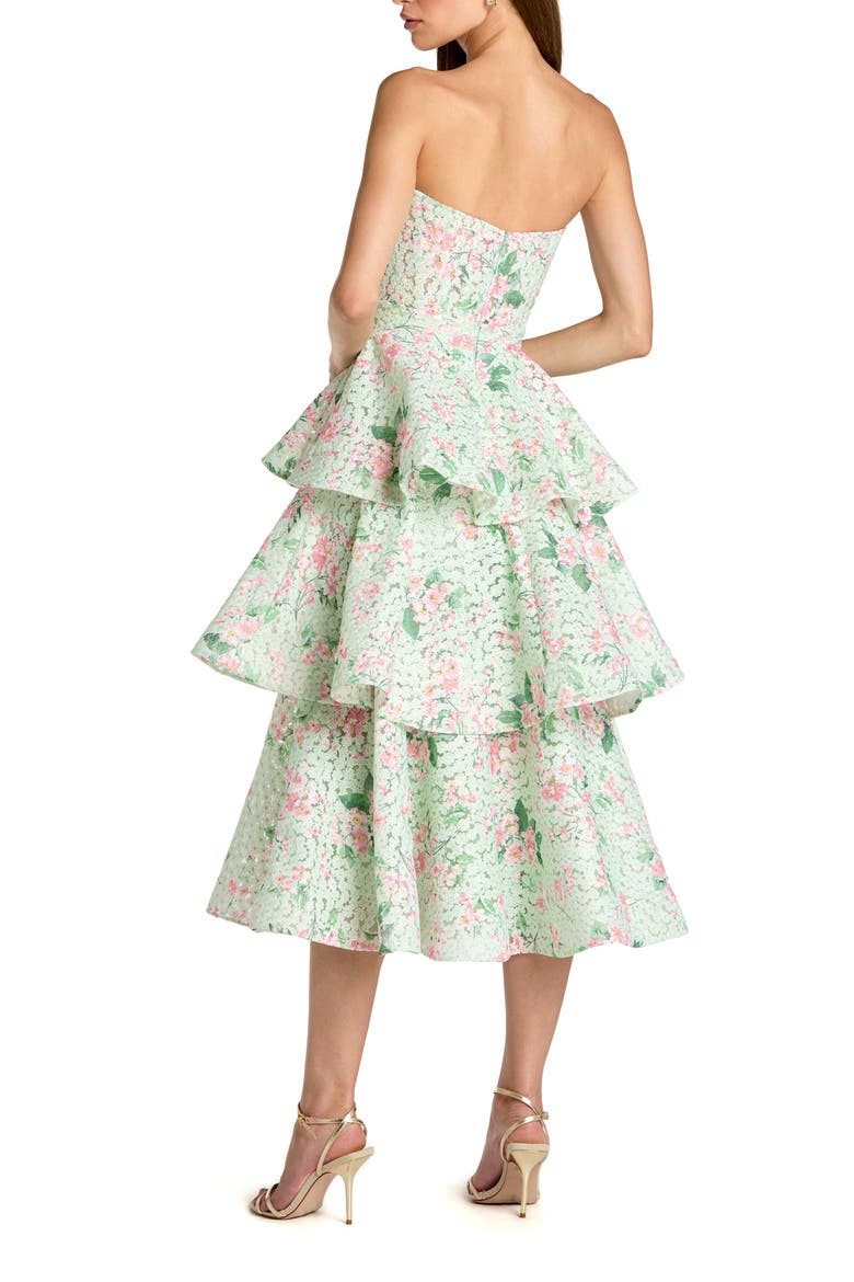 Floral Net Strapless Tiered Ruffle Midi Dress, Alternate, color, Mint Multi