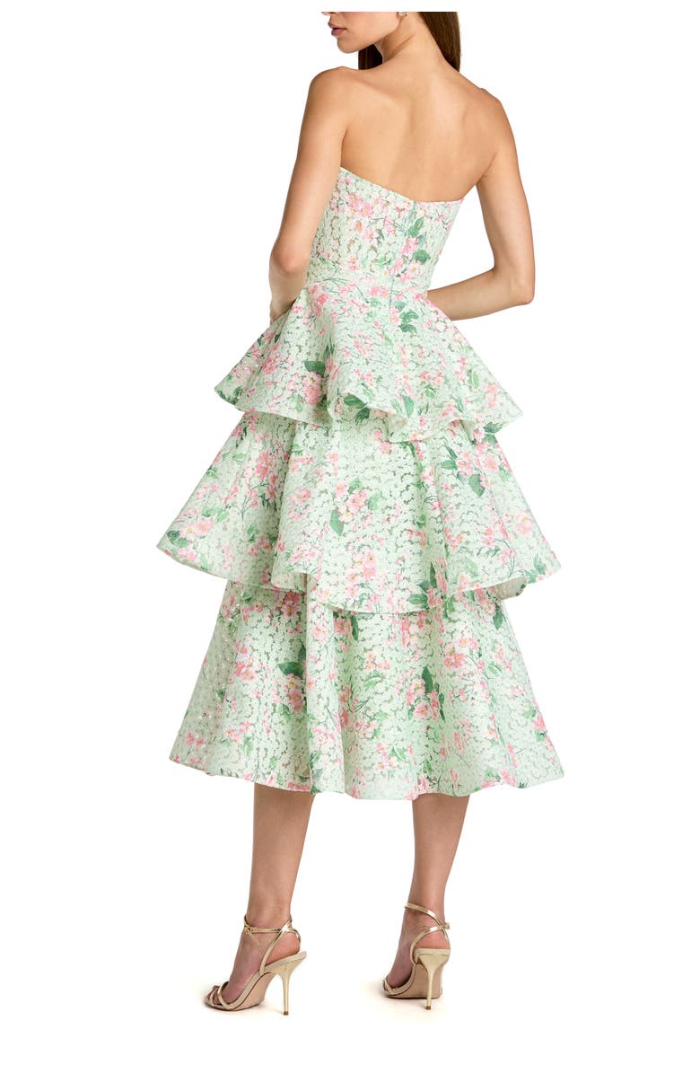 Mac Duggal Floral Net Strapless Tiered Ruffle Midi Dress, Alternate, color, Mint Multi