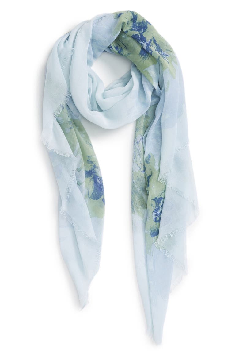 'Painted Blossoms' Print Scarf, Main, color, BLUE COMBO