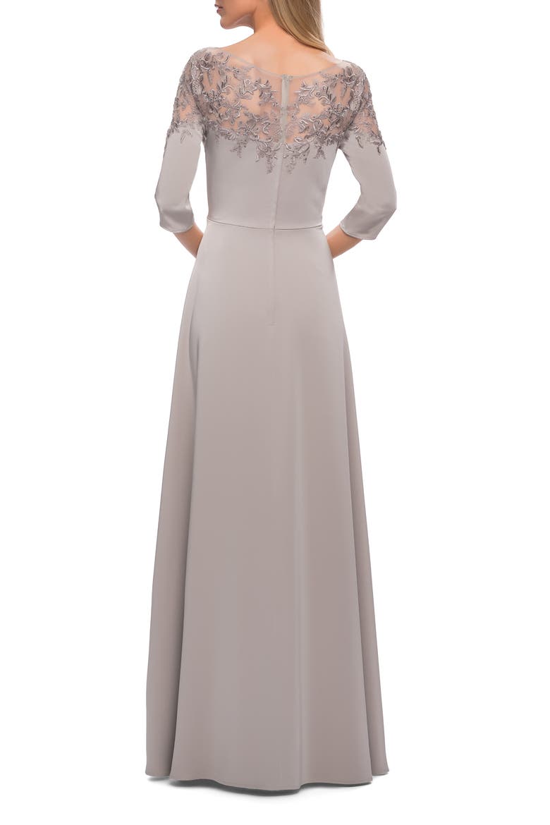 Jersey Mother of the Bride Gown with Lace Neckline, Alternate, color, Silver