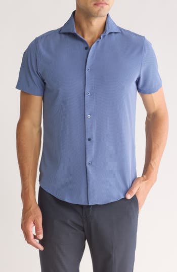 Denim And Flower Micro Print Short Sleeve Button-up Shirt In Blue