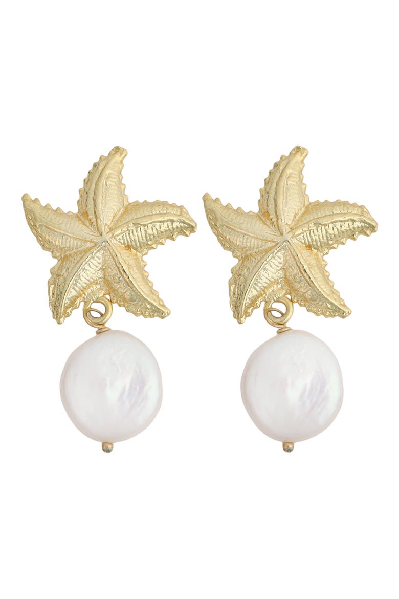 Starfish & Genuine Pearl Drop Earrings, Main, color, WHITE