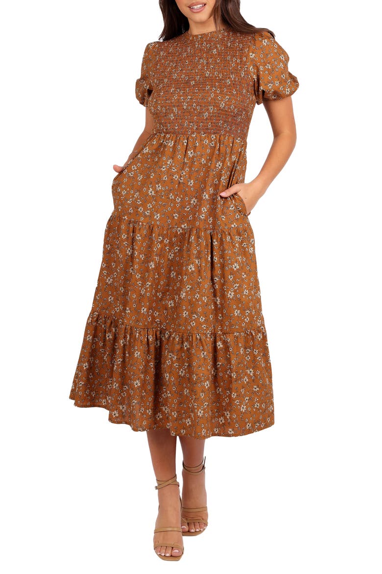 Naura Tiered Cotton Midi Dress, Main, color, COGNAC FLORAL