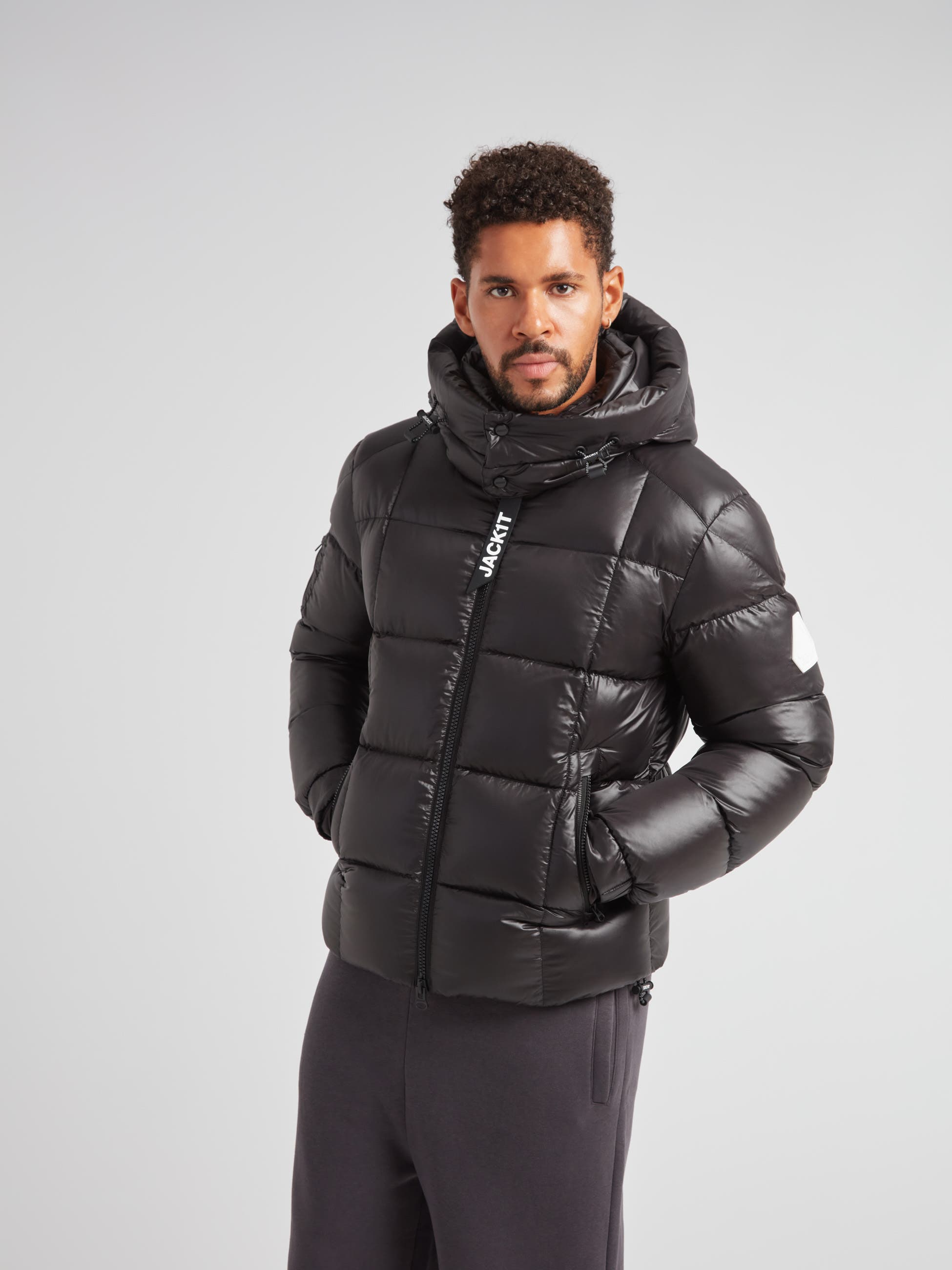 Jack1t Ez Boxed Hooded Racer Puffer Jacket In Black