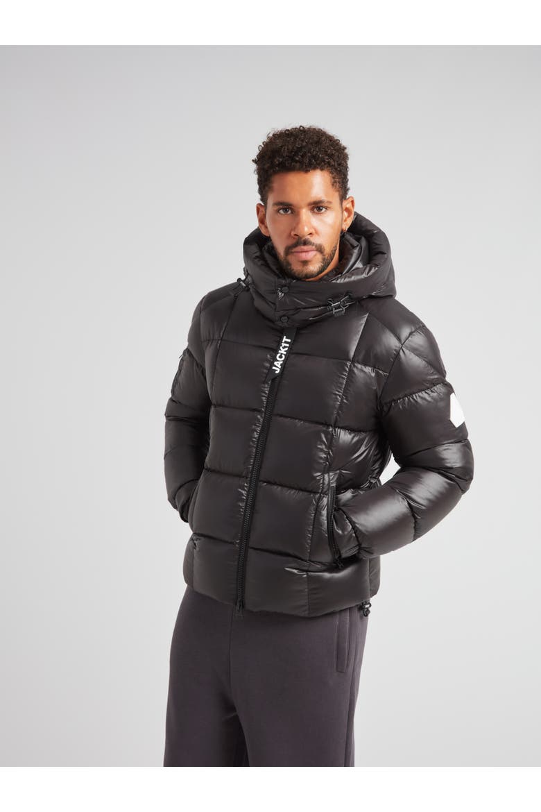 EZ Boxed Hooded Racer Puffer Jacket, Main, color, BLACK/BLACK
