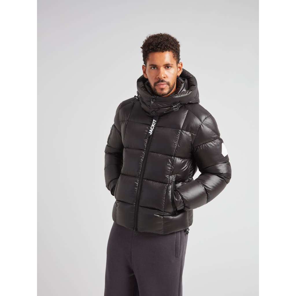 Jack1t Ez Boxed Hooded Racer Puffer Jacket In Black