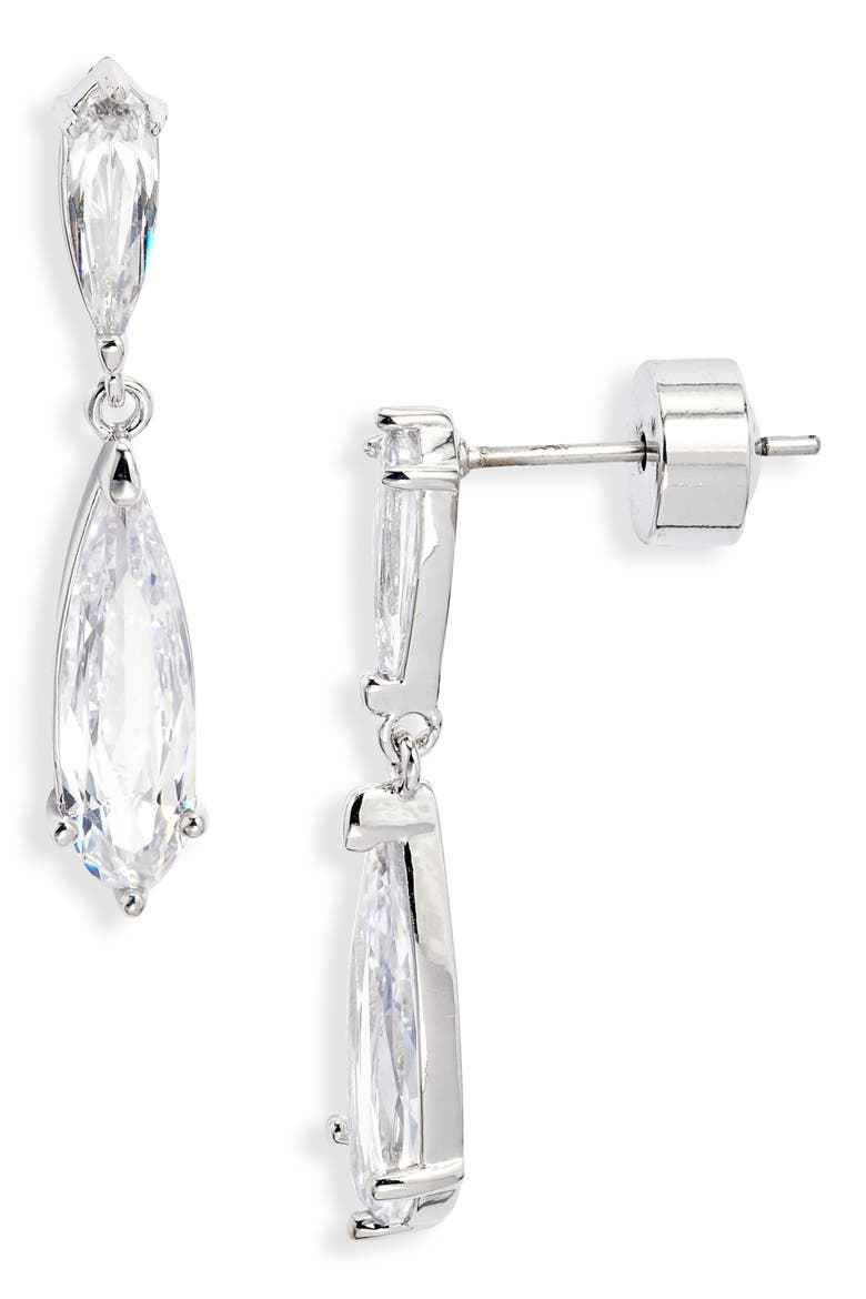 Elongated Pear Cubic Zirconia Drop Earrings, Main, color, CLEAR- SILVER