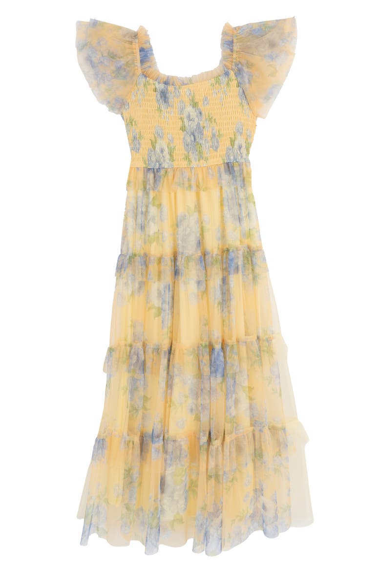 Kids' Floral Flutter Sleeve Mesh Tiered Dress, Main, color, YELLOW