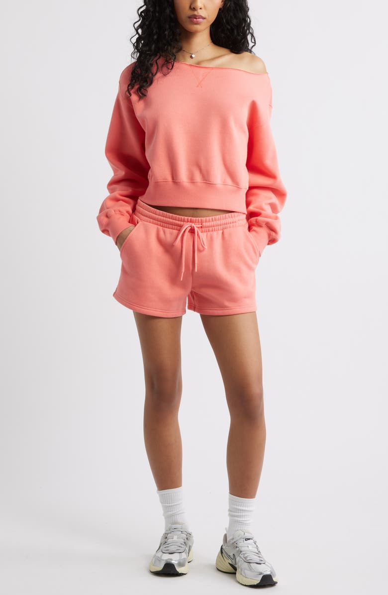 BP. Fleece Detail Off the Shoulder Sweatshirt, Alternate, color, Coral Shell